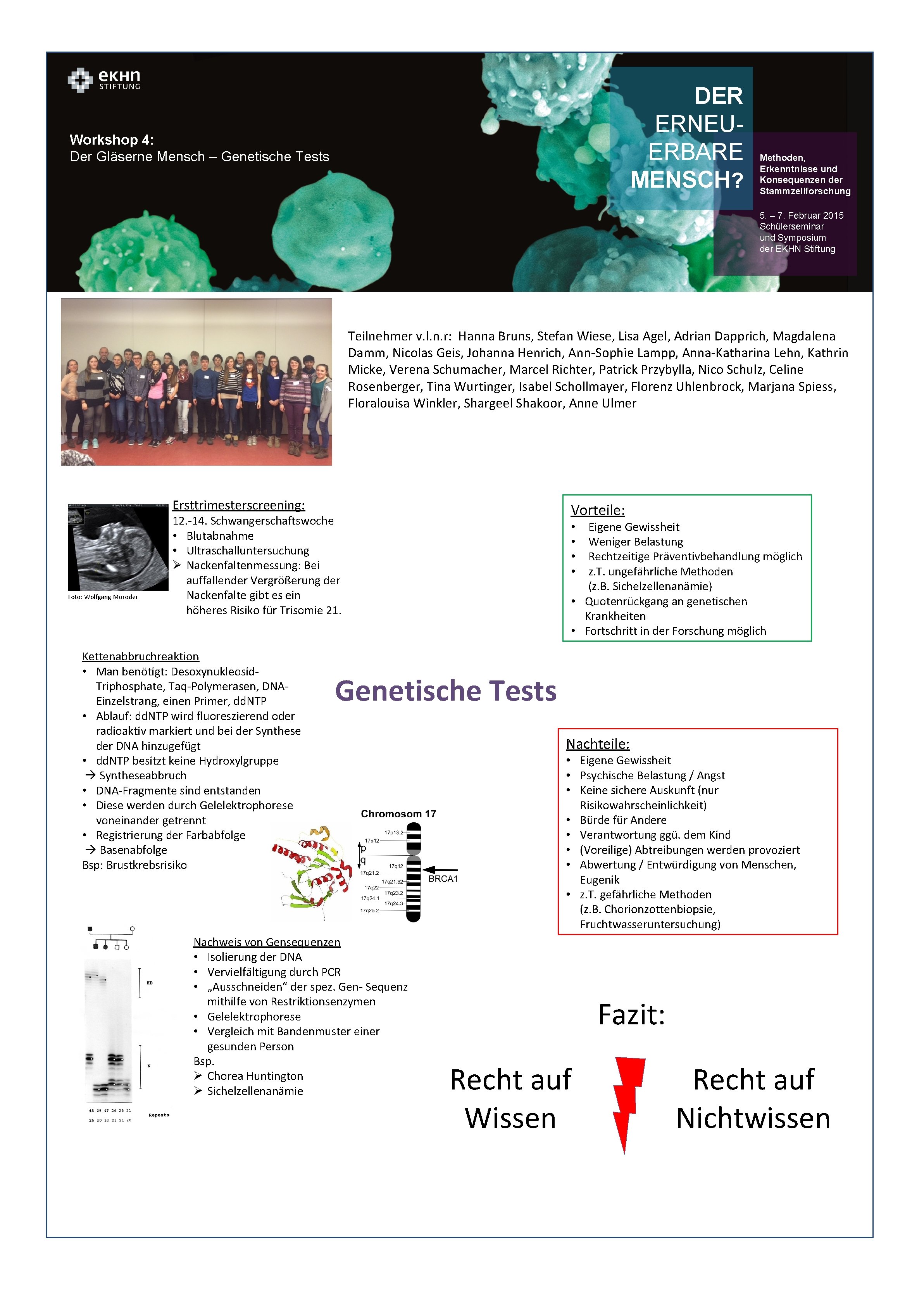 DER ERNEUERBARE MENSCH? Workshop 4: Der Gläserne Mensch – Genetische Tests Methoden, Erkenntnisse und