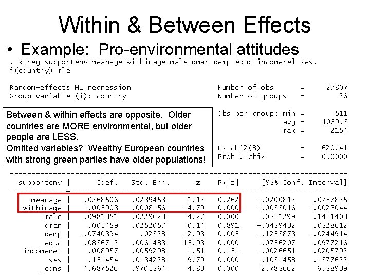 Within & Between Effects • Example: Pro-environmental attitudes. xtreg supportenv meanage withinage male dmar