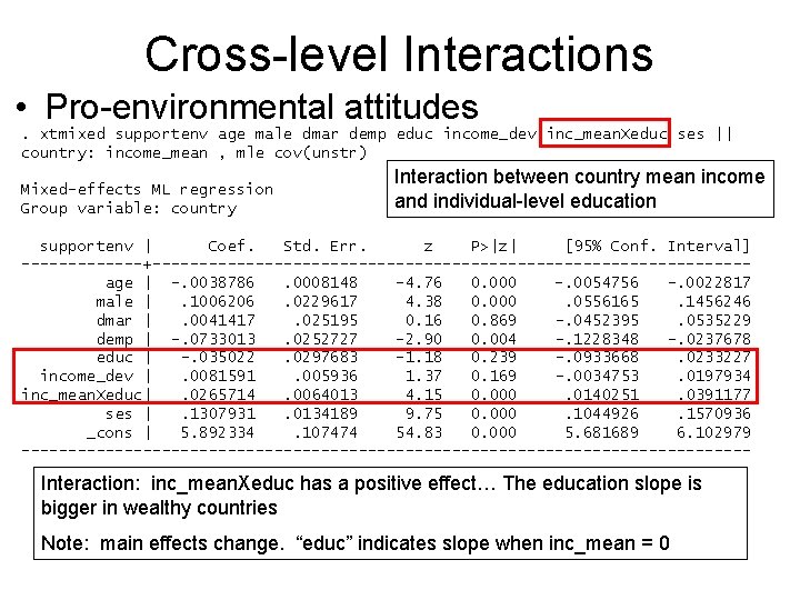 Cross-level Interactions • Pro-environmental attitudes. xtmixed supportenv age male dmar demp educ income_dev inc_mean.