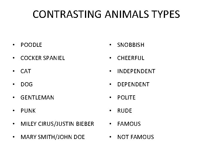 CONTRASTING ANIMALS TYPES • POODLE • SNOBBISH • COCKER SPANIEL • CHEERFUL • CAT