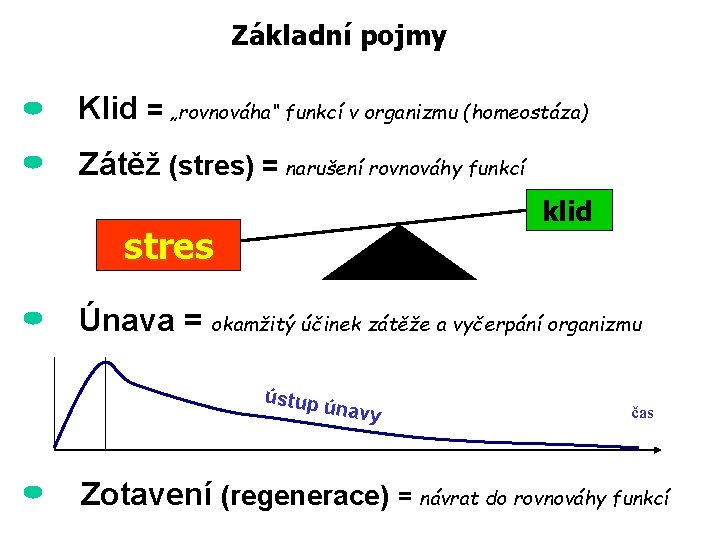 Základní pojmy Klid = „rovnováha“ funkcí v organizmu (homeostáza) Zátěž (stres) = narušení rovnováhy