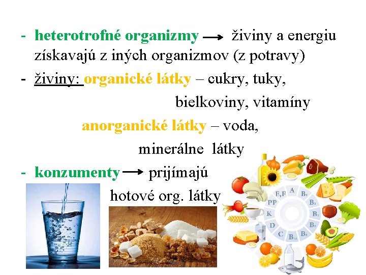 - heterotrofné organizmy živiny a energiu získavajú z iných organizmov (z potravy) - živiny: