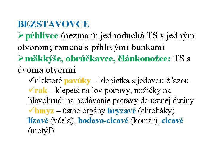 BEZSTAVOVCE Øpŕhlivce (nezmar): jednoduchá TS s jedným otvorom; ramená s pŕhlivými bunkami Ømäkkýše, obrúčkavce,