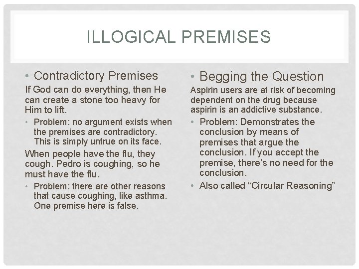 ILLOGICAL PREMISES • Contradictory Premises • Begging the Question If God can do everything,