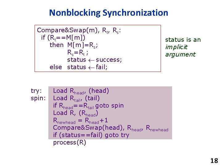 Nonblocking Synchronization Compare&Swap(m), Rt, Rs: if (Rt==M[m]) then M[m]=Rs; Rs=Rt ; status success; else