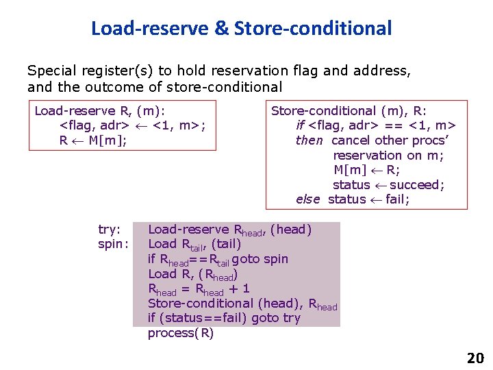 Load-reserve & Store-conditional Special register(s) to hold reservation flag and address, and the outcome