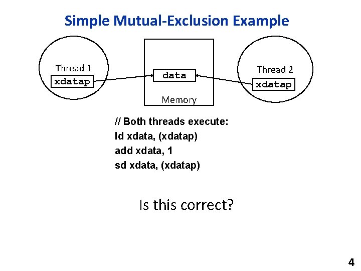 Simple Mutual-Exclusion Example Thread 1 xdatap data Thread 2 xdatap Memory // Both threads