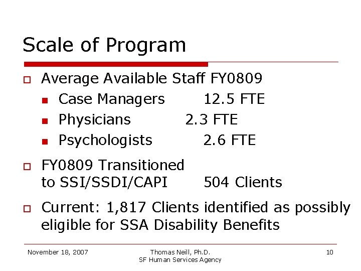 Scale of Program Average Available Staff FY 0809 Case Managers 12. 5 FTE Physicians
