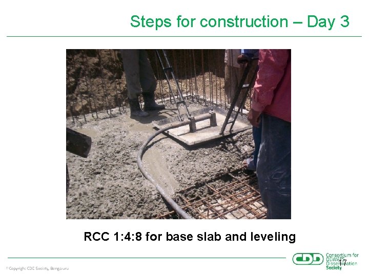 Steps for construction – Day 3 RCC 1: 4: 8 for base slab and