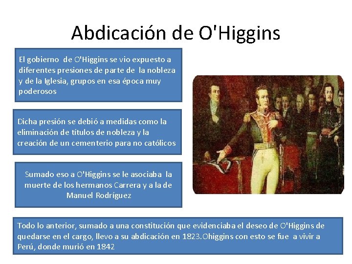 Abdicación de O'Higgins El gobierno de O'Higgins se vio expuesto a diferentes presiones de