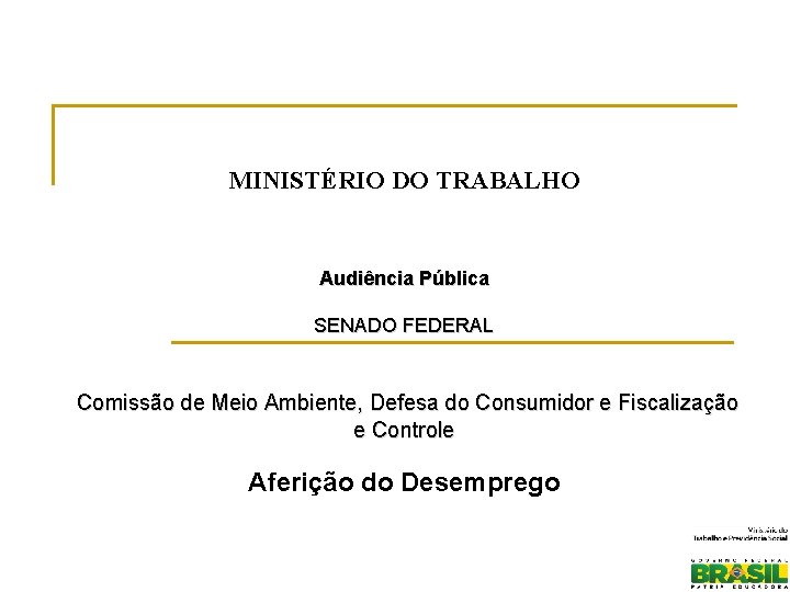 MINISTÉRIO DO TRABALHO Audiência Pública SENADO FEDERAL Comissão de Meio Ambiente, Defesa do Consumidor