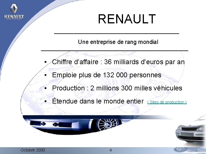 RENAULT Une entreprise de rang mondial • Chiffre d’affaire : 36 milliards d’euros par