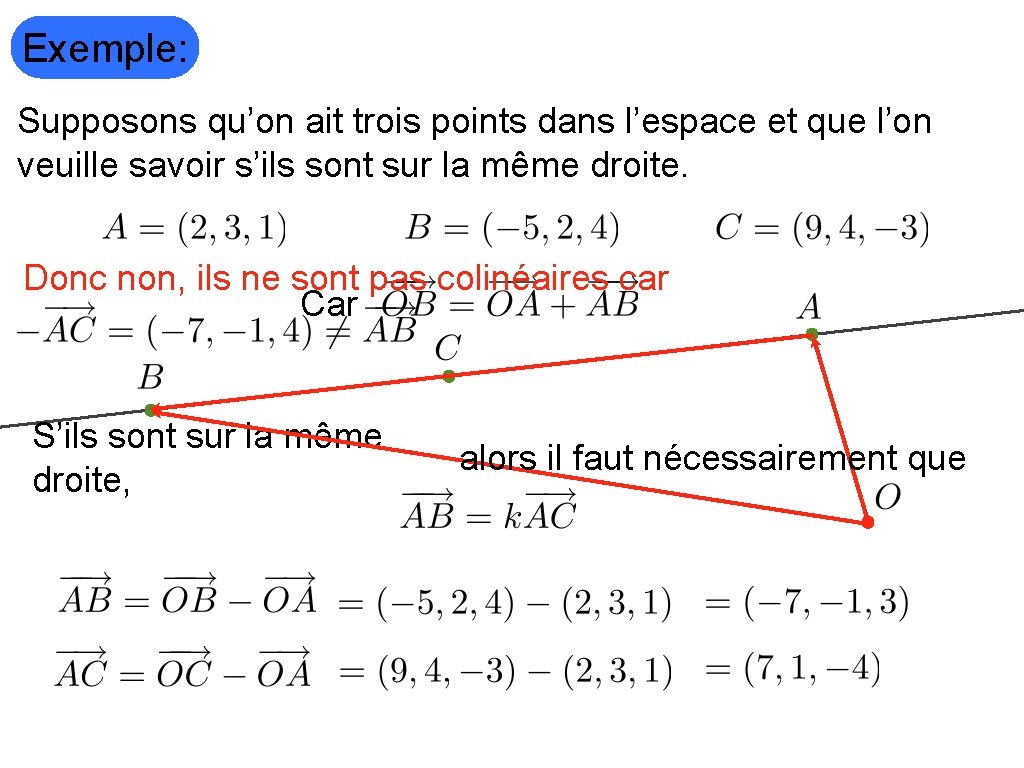 Exemple: Supposons qu’on ait trois points dans l’espace et que l’on veuille savoir s’ils