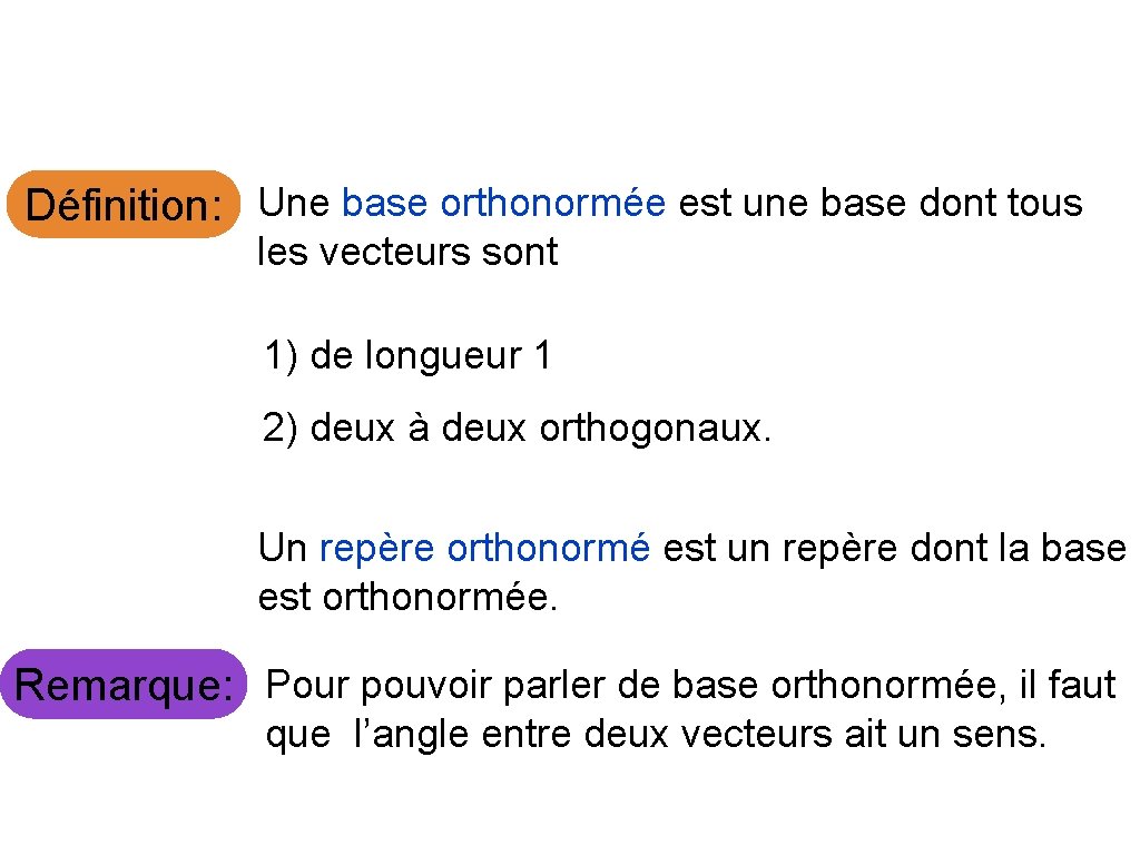 Définition: Une base orthonormée est une base dont tous les vecteurs sont 1) de