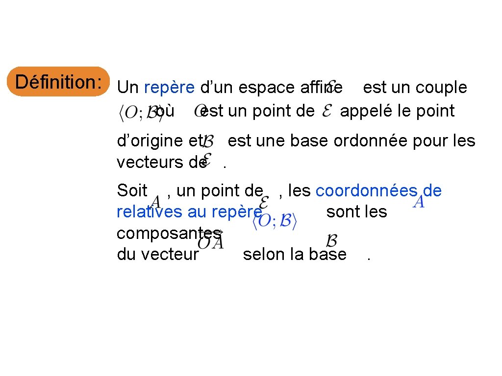 Définition: Un repère d’un espace affine est un couple où est un point de