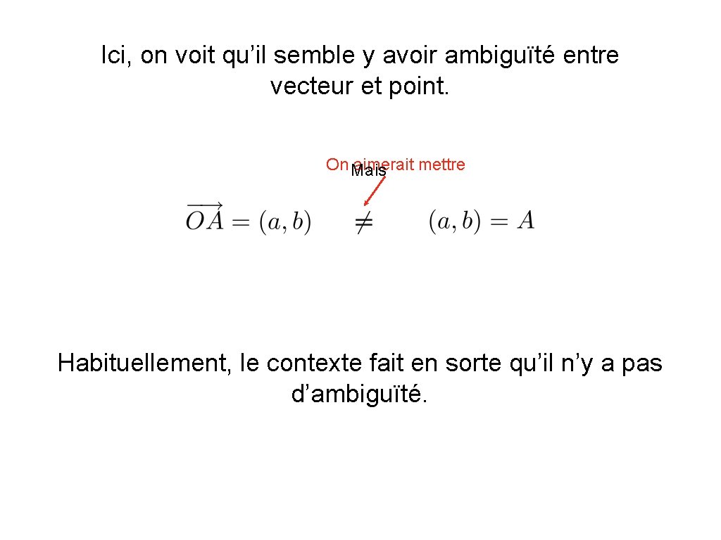 Ici, on voit qu’il semble y avoir ambiguïté entre vecteur et point. On Mais