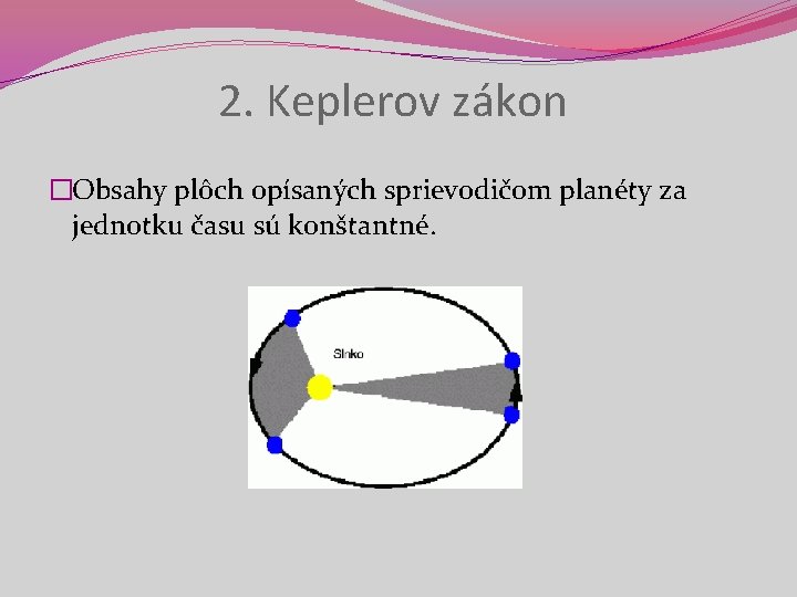 2. Keplerov zákon �Obsahy plôch opísaných sprievodičom planéty za jednotku času sú konštantné. 