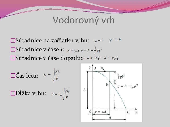 Vodorovný vrh �Súradnice na začiatku vrhu: �Súradnice v čase t: �Súradnice v čase dopadu: Vodorovný vrh �Súradnice na začiatku vrhu: �Súradnice v čase t: �Súradnice v čase dopadu: