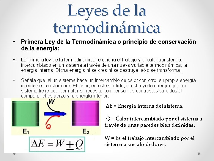 Leyes de la termodinámica • Primera Ley de la Termodinámica o principio de conservación