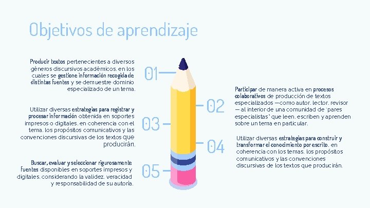 Objetivos de aprendizaje Producir textos pertenecientes a diversos géneros discursivos académicos, en los cuales