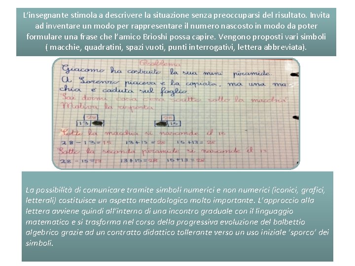 L’insegnante stimola a descrivere la situazione senza preoccuparsi del risultato. Invita ad inventare un