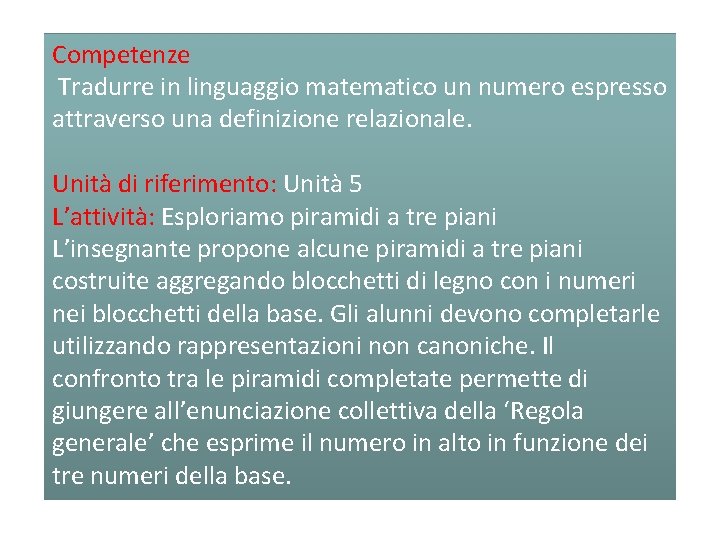 Competenze Tradurre in linguaggio matematico un numero espresso attraverso una definizione relazionale. Unità di