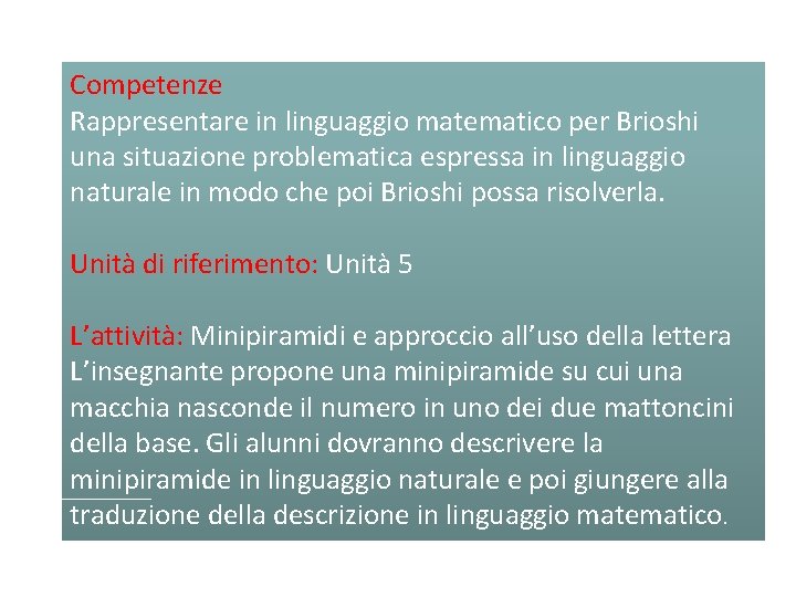 Competenze Rappresentare in linguaggio matematico per Brioshi una situazione problematica espressa in linguaggio naturale