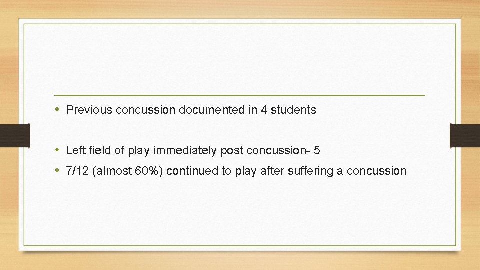  • Previous concussion documented in 4 students • Left field of play immediately