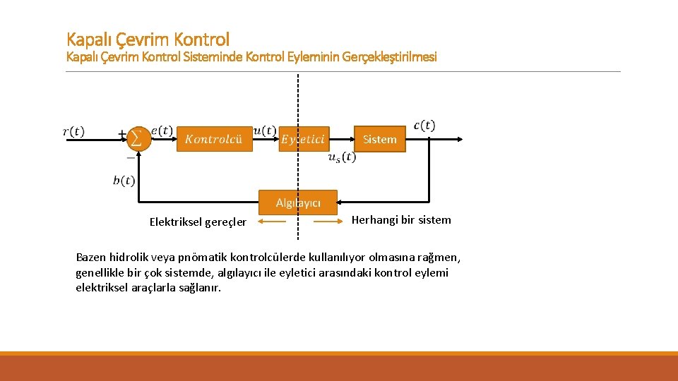 Kapalı Çevrim Kontrol Sisteminde Kontrol Eyleminin Gerçekleştirilmesi Sistem Elektriksel gereçler Herhangi bir sistem Bazen