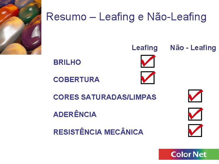 Resumo – Leafing e Não-Leafing BRILHO COBERTURA CORES SATURADAS/LIMPAS ADERÊNCIA RESISTÊNCIA MEC NICA Não