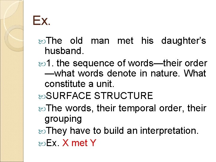 Ex. The old man met his daughter’s husband. 1. the sequence of words—their order