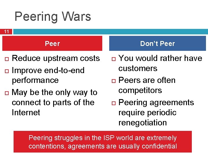 Peering Wars 11 Peer Reduce upstream costs Improve end-to-end performance May be the only