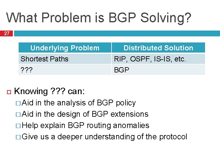 What Problem is BGP Solving? 27 Underlying Problem Shortest Paths ? ? ? Distributed