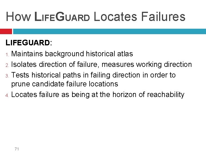 How LIFEGUARD Locates Failures LIFEGUARD: Maintains background historical atlas 2. Isolates direction of failure,