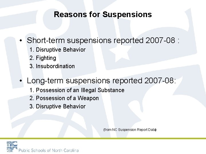 Reasons for Suspensions • Short-term suspensions reported 2007 -08 : 1. Disruptive Behavior 2.