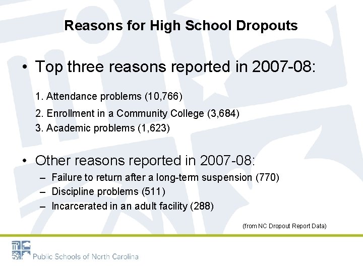 Reasons for High School Dropouts • Top three reasons reported in 2007 -08: 1.