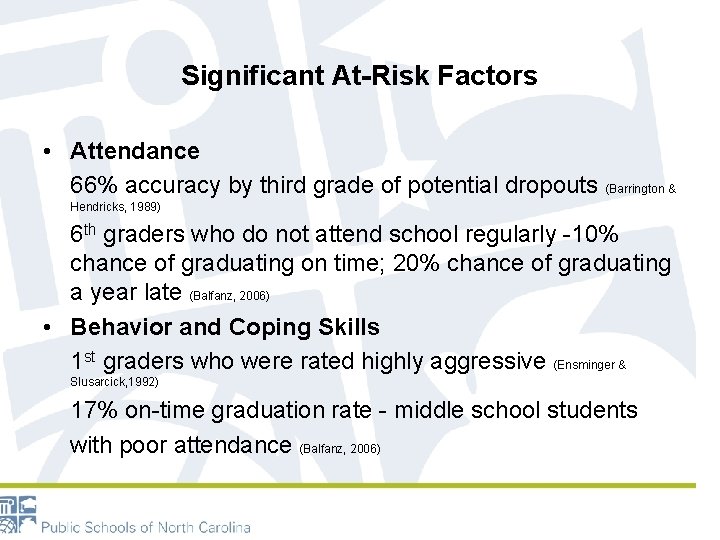 Significant At-Risk Factors • Attendance 66% accuracy by third grade of potential dropouts (Barrington