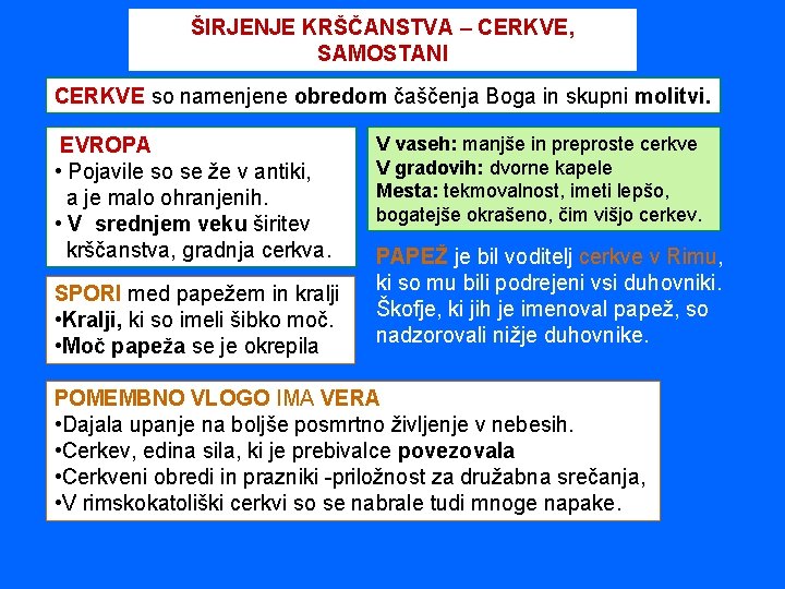 ŠIRJENJE KRŠČANSTVA – CERKVE, SAMOSTANI CERKVE so namenjene obredom čaščenja Boga in skupni molitvi.