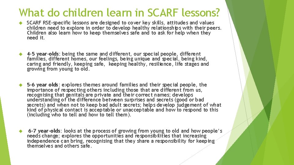 What do children learn in SCARF lessons? SCARF RSE-specific lessons are designed to cover