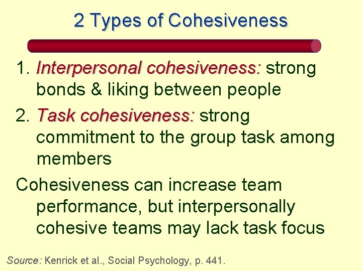 2 Types of Cohesiveness 1. Interpersonal cohesiveness: strong bonds & liking between people 2.