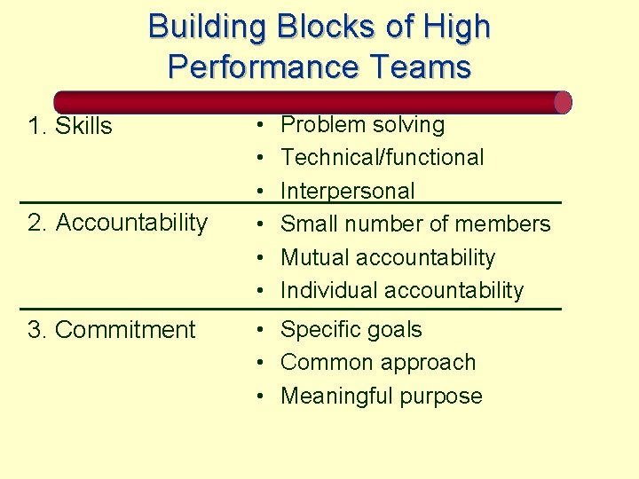 Building Blocks of High Performance Teams 1. Skills 2. Accountability 3. Commitment • •