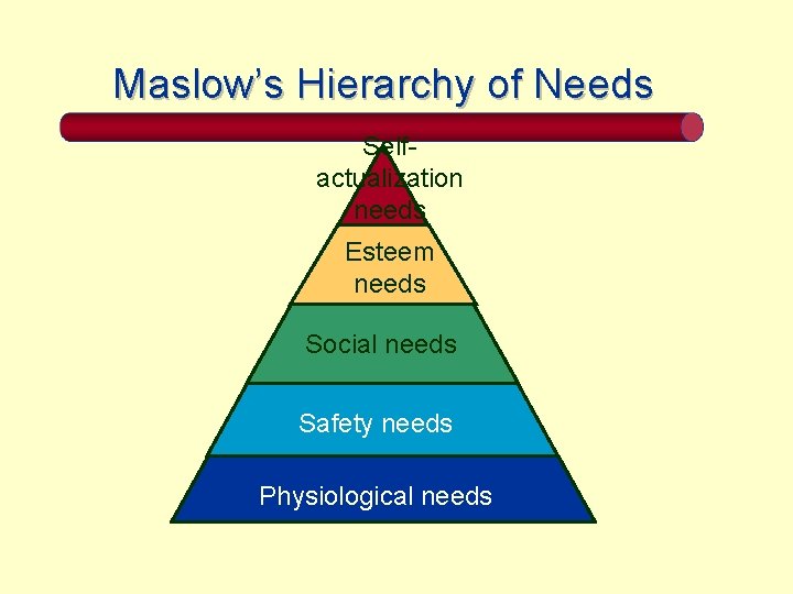 Maslow’s Hierarchy of Needs Selfactualization needs Esteem needs Social needs Safety needs Physiological needs