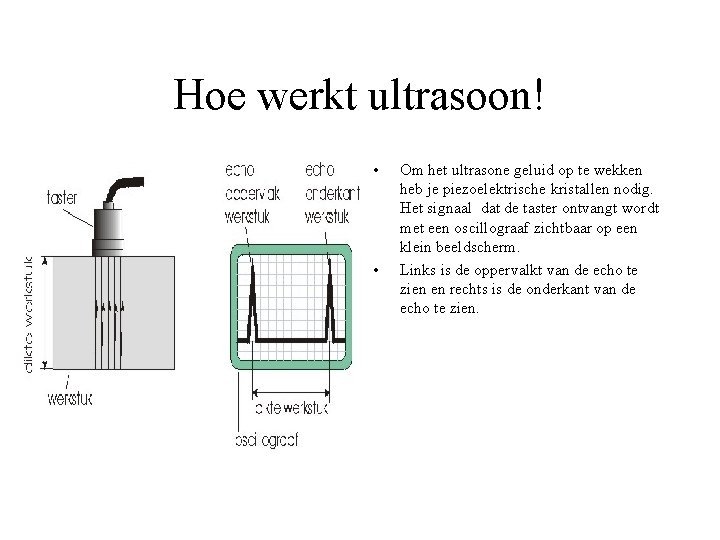 Hoe werkt ultrasoon! • • Om het ultrasone geluid op te wekken heb je