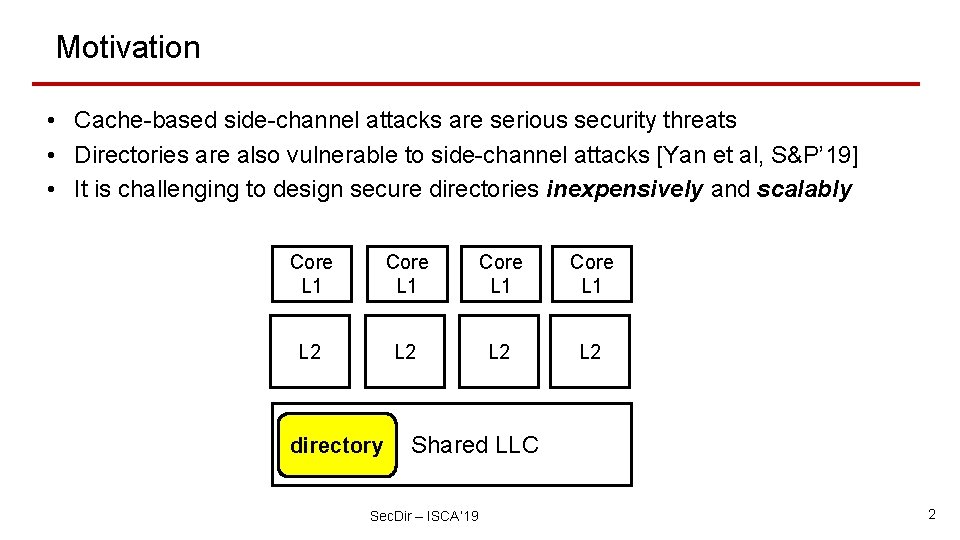 Motivation • Cache-based side-channel attacks are serious security threats • Directories are also vulnerable