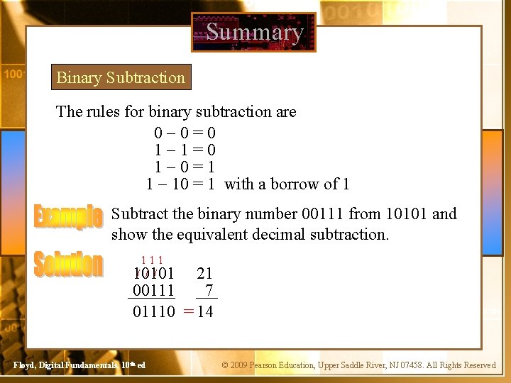 Summary Binary Subtraction The rules for binary subtraction are 0 -0=0 1 -1=0 1