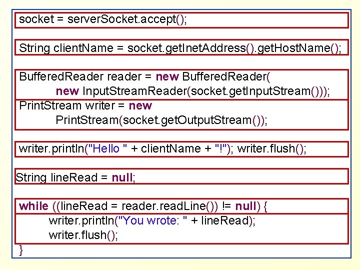 socket = server. Socket. accept(); String client. Name = socket. get. Inet. Address(). get.