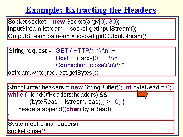 Example: Extracting the Headers Socket socket = new Socket(argv[0], 80); Input. Stream istream =