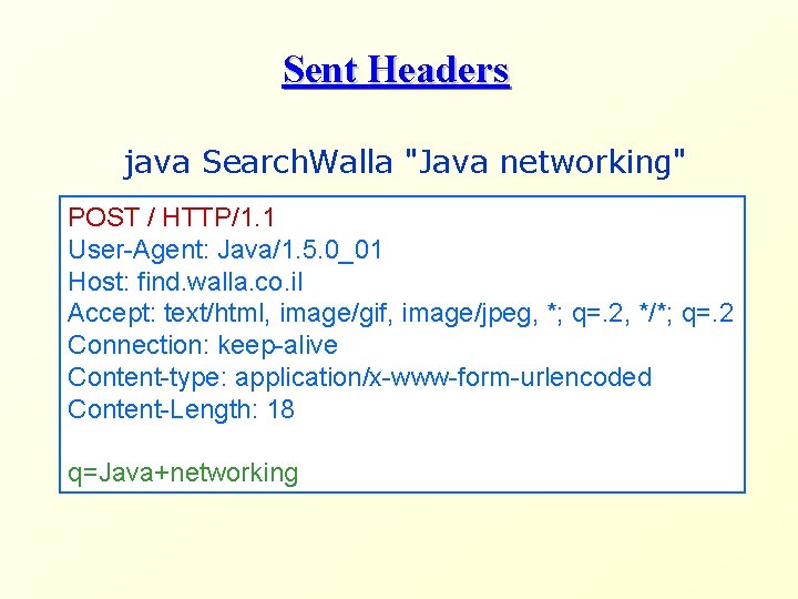 Sent Headers java Search. Walla "Java networking" POST / HTTP/1. 1 User-Agent: Java/1. 5.