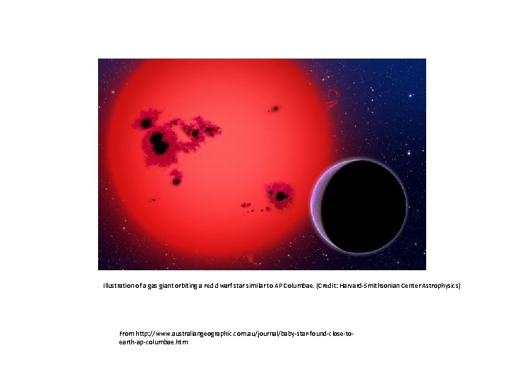 Illustration of a gas giant orbiting a red dwarf star similar to AP Columbae.