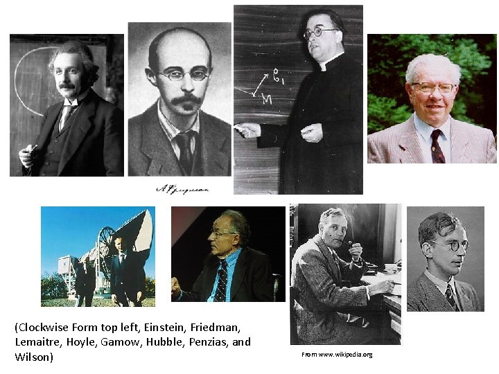 (Clockwise Form top left, Einstein, Friedman, Lemaitre, Hoyle, Gamow, Hubble, Penzias, and Wilson) From